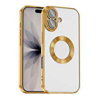 Başkenttekno iPhone 17 Kılıf Logo Gösteren Parlak Kenarlı Kamera Lens Korumalı Şeffaf Omega Silikon Kapak