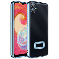 Başkenttekno Samsung Galaxy A07 Kılıf Logo Gösteren Parlak Kenarlı Kamera Lens Korumalı Şeffaf Omega Silikon Kapak Mavi