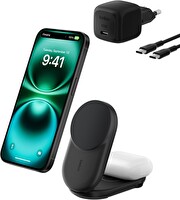 Belkin UltraCharge MagSafe Uyumlu 2'si 1 Arada Qi2 25W USB-C Portlu 45W Adaptör Kablosuz Şarj İstasyonu Siyah