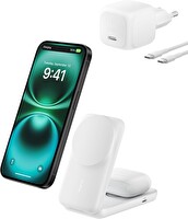 Belkin UltraCharge MagSafe Uyumlu 2'si 1 Arada Qi2 25W USB-C Portlu 45W Adaptör Kablosuz Şarj İstasyonu Beyaz