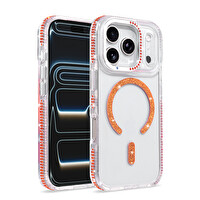 Başkenttekno iPhone 17 Pro Kılıf Premium M-Safe Şarj Özellikli Şeffaf Kenari Taşli Simli Tera Silikon Kapak Turuncu