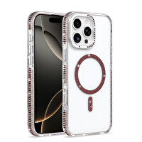 Başkenttekno iPhone 16 Pro Max Kılıf Premium M-Safe Şarj Özellikli Şeffaf Kenari Taşli Simli Tera Silikon Kapak Mürdüm 