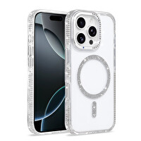Başkenttekno iPhone 16 Pro Kılıf Premium M-Safe Şarj Özellikli Şeffaf Kenari Taşli Simli Tera Silikon Kapak Şeffaf