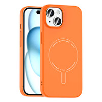 Başkenttekno iPhone 15 Kılıf M-Safe Şarj Özellikli Kamera Korumalı Premium Elio Sert PC Kapak Turuncu