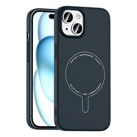 Başkenttekno iPhone 15 Kılıf M-Safe Şarj Özellikli Kamera Korumalı Premium Elio Sert PC Kapak Lacivert 