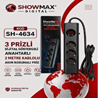 Showmax SH-4634 Dijital Göstergeli 3'lü 2 Metre Kablolu Akım Korumalı Grup Priz