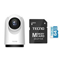 Tecno TH300 3MP 2K Ultra HD 360 Derece Kablosuz Wi-Fi Güvenlik Kamerası - Tecno 64 GB 100MB/s Micro SD Hafıza Kartı ve Adaptörü