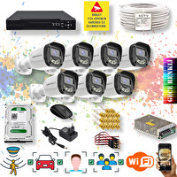 Qromax 7 Kameralı Yapay Zeka Özellikli Gece Renkli Gösteren 5MP Sony Lensli 4 Ultra Warm Ledli Kamera Seti 2304W-108