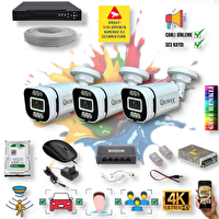 Qromax 3 Kameralı IP Set Yapay Zeka Özellikli Gece Renkli Gösteren Sesli 6 Warm Ledli 4K FHD IP Güvenlik Kamerası Seti 4386WS