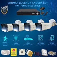 Qromax 4 Kamera Yapay Zeka Özellikli Gece Renkli Gösteren 5 MP SONY Lensli 8 Warm Ledli FHD Güvenlik Kamerası Seti 908W-114-4