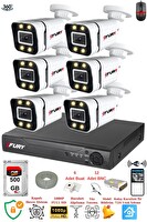 Fury 6 Kameralı FHD Gece Renkli - Su Geçirmez Ultra Led Güvenlik Kamerası Seti 500 GB