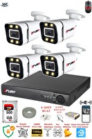 Fury 4 Kameralı FHD Gece Renkli - Su Geçirmez Ultra Led Güvenlik Kamerası Seti 500 GB