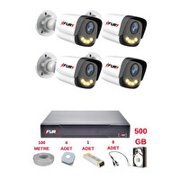 Fury 4 Kameralı 4 Warm Led Gece Renkli Görüş Cepten İzle Su Geçirmez Güvenlik Kamerası Seti 500 GB
