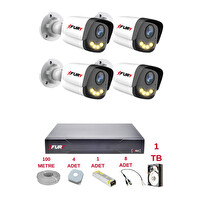 Fury 4 Kameralı 4 Warm Led Gece Renkli Görüş Cepten İzle Su Geçirmez Güvenlik Kamerası Seti 1 TB