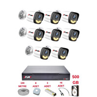 Fury 8 Kameralı 4 Warm Led Gece Renkli Görüş-Cepten İzle Su Geçirmez Güvenlik Kamerası Seti 500 GB