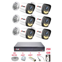 Fury 6 Kameralı 4 Warm Led Gece Renkli Görüş Cepten İzle Su Geçirmez Güvenlik Kamerası Seti 250 GB
