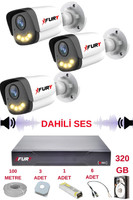 Fury 3 Kameralı Sesli Gece Renkli Görüş Güvenlik Kamerası Su Geçirmez Güvenlik Kamerası Seti 5590s 320GB