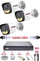 Fury 3 Kameralı Sesli Gece Renkli Görüş Güvenlik Kamerası Su Geçirmez Güvenlik Kamerası Seti 5590s 500GB