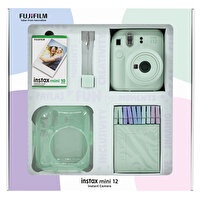 Fujifilm Instax Mini 12 Yeşil Fotoğraf Makinesi - 10'lu Film - Simli Pleksi Kılıf - Mandal ve Kıskaçlı Resim Standı Bundle Box