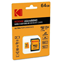 Kodak 64GB Micro SDXC UHS-I U3 V30 A1 Yellow SD Adaptör Drone Aksiyon Kamera ve Telefon Uyumlu Hafıza Kartı