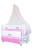 Babycom 60x120 CM Beyaz Rüya Anne Yanı Sallanır Tekerlekli Beşik - Pembe Ayıcıklı Uyku Seti