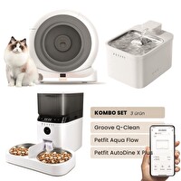 Groove Q-Clean Otomatik Kedi Tuvaleti Gri - Petfit Aqua Flow Akıllı Su Pınarı - Petfit AutoDine X Plus Otomatik Mama Kabı