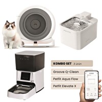 Groove Q-Clean Otomatik Kedi Tuvaleti Gri - Petfit Aqua Flow Akıllı Su Pınarı - Petfit Elevate X Otomatik Mama Kabı