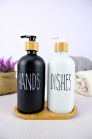 DigitHome 2’li Ahşap Standlı Cam Sıvı Sabun ve Bulaşık Deterjanı Şişesi Sabunluk 500 ML - E/6 C1-1-289