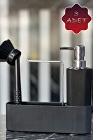 Mithra Life 3'lü Krom Kapaklı Siyah Deterjanlık Fırçalı Mutfak Banyo Temizlik Seti Düzenleyici MIT1175