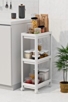 Mithra Life PG MIT1214 3 Katlı Hazneli Tekerlekli Beyaz Mutfak Banyo Rafı