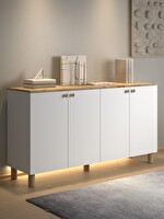 Wood'n Love Nora Bohem Ledli 4 Kapaklı Çok Amaçlı Konsol 160 CM Dolap Atlantik Çam - Beyaz
