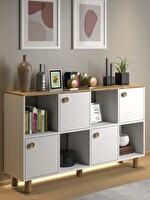 Wood'n Love Nora Bohem Ledli Çok Amaçlı Konsol Dolap 4 Kapak 4 Bölme Atlantik Çam-Beyaz 150x87x35 CM