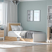Adore Mobilya London Tek Kişilik 2 Çekmeceli  Karyola-Meşe-Beyaz 113x103x204 CM