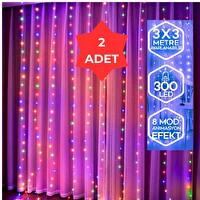 Yeco 2'li Set RGB 300 Led Perde 3x3 Metre 10 Sarkıtlı 8 Modlu Kumandalı Çok Renkli Dekoratif Işık
