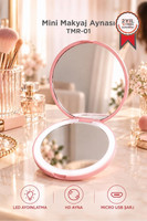 Torima Led Işıklı Type-C Şarjlı Makyaj Aynası Çift Taraflı HD Mini Ayna TMR01 Pembe