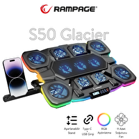 Rampage S50 Glacier RGB Işıklı 11 Fanlı LCD Göstergeli USB Type-C Girişli Yükselebilen Notebook Soğutucu