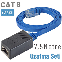 Irenis 7.5 Metre CAT6 Kablo Uzatma Seti Yassı Ethernet Kablo ve Ekleyici Mavi