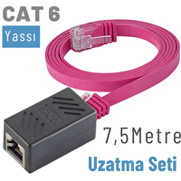 Irenis 7.5 Metre CAT6 Kablo Uzatma Seti Yassı Ethernet Kablo ve Ekleyici Fuşya