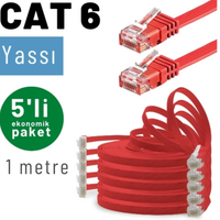 Irenis 5 Adet 1 Metre CAT6 Kablo Yassı Ethernet Network Lan Ağ İnternet Kablosu Kırmızı