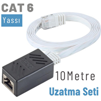 Irenis 10 Metre CAT6 Kablo Uzatma Seti Yassı Ethernet Kablosu ve Ekleyici Beyaz