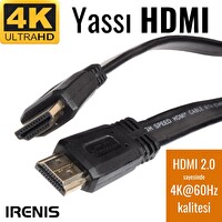Irenis 1 Metre Kablo Yassı 4K 60 Hz 2.0 HDMI Kablosu