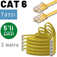 Irenis 5 Adet 3 Metre CAT6 Kablo Yassı Ethernet Network Lan Ağ İnternet Kablosu Sarı