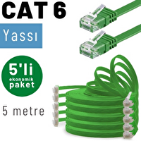 Irenis 5 Adet 5 Metre CAT6 Kablo Yassı Ethernet Network Lan Ağ İnternet Kablosu Yeşil