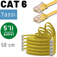 Irenis 5 Adet 50 Cm CAT6 Kablo Yassı Ethernet Network Lan Ağ İnternet Kablosu Sarı