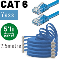 Irenis 7.5 Metre CAT6 Kablo Yassı Ethernet Network Lan Ağ İnternet Kablosu Mavi 5 Adet
