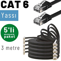 Irenis 3 Metre CAT6 Kablo Yassı Ethernet Network Lan Ağ İnternet Kablosu Siyah 5 Adet