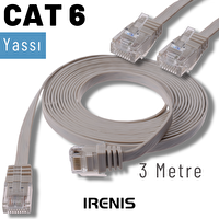 Irenis 3 Metre CAT6 Kablo Yassı Ethernet Network Lan Ağ İnternet Kablosu Gri