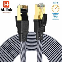 Hi-Link Yüksek Hızlı 40Gbps 2000 Mhz 10 Metre Flat Örgülü Cat8 Ethernet Kablo