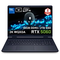 Dell Alienware 16 Aurora Intel Core 7-240H 64GB DDR5 2TB SSD RTX5060 8GB 16inç 2K 120Hz Ubuntu Gaming Laptop AC16250-C71615U56Nv5