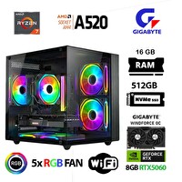 Xaser Giga X10 Ryzen 7 5700X 16GB RAM 512GB M.2 NVMe SSD 8GB RTX5060 Gigabyte Oyuncu OEM Paket